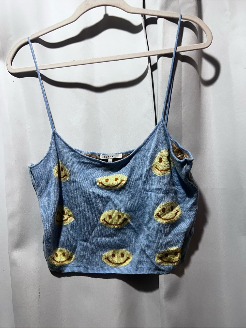 Baevley Blue Smiley Face Knit Crop Cami Top Size L Y2K - Picture 2 of 5